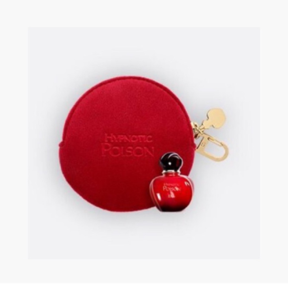 Dior Hypnotic Poison a small red velvet round pouch and a mini fragrance bottle - Picture 2 of 5